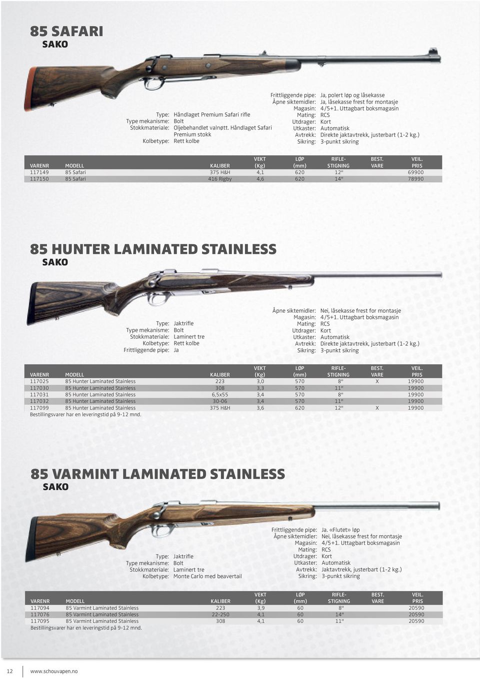 Uttagbart boksmagasin Mating: RCS Utdrager: Kort Utkaster: Automatisk Avtrekk: Direkte jaktavtrekk, justerbart (1-2 kg.) Sikring: 3-punkt sikring VEKT LØP RIFLE- BEST.