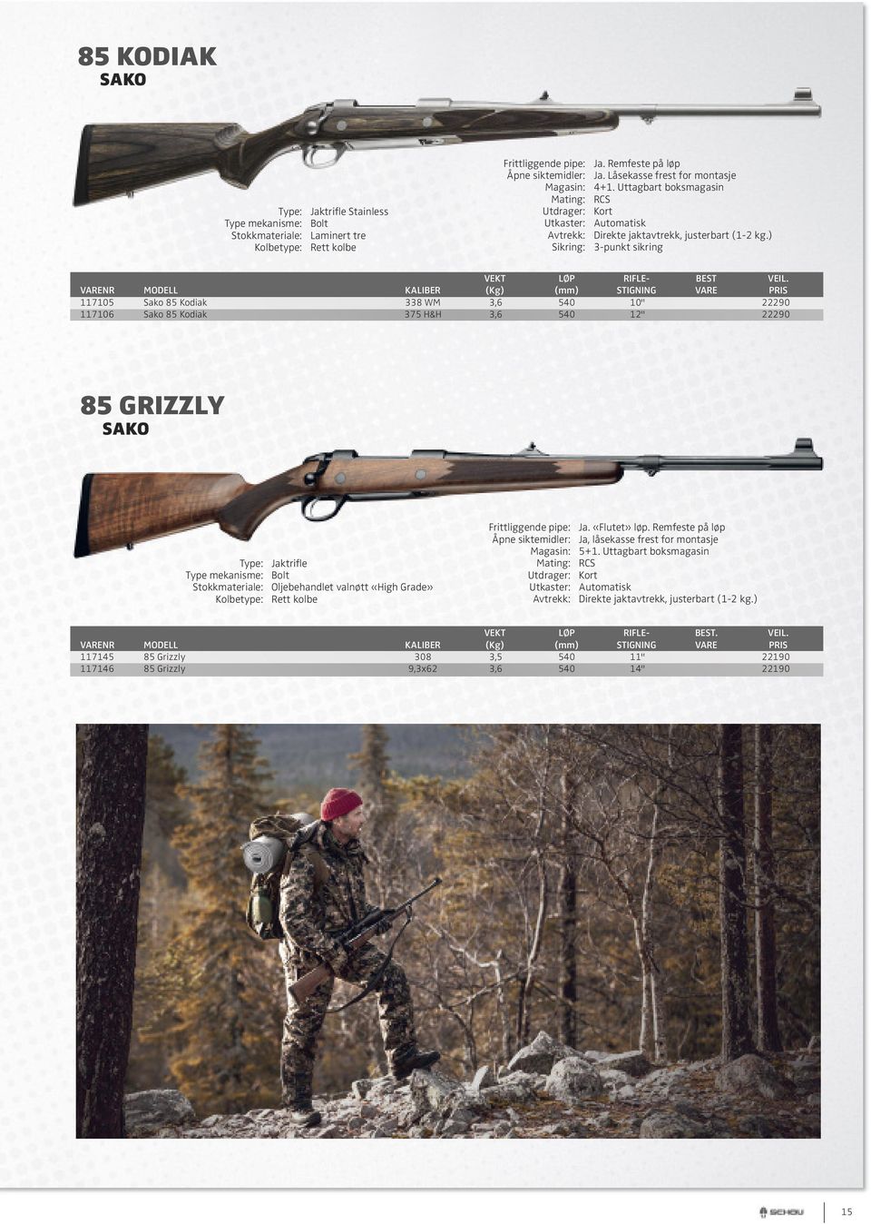 ) Sikring: 3-punkt sikring VEKT LØP RIFLE- BEST VARENR MODELL KALIBER (Kg) (mm) STIGNING VARE PRIS 117105 Sako 85 Kodiak 338 WM 3,6 540 10" 22290 117106 Sako 85 Kodiak 375 H&H 3,6 540 12" 22290 85