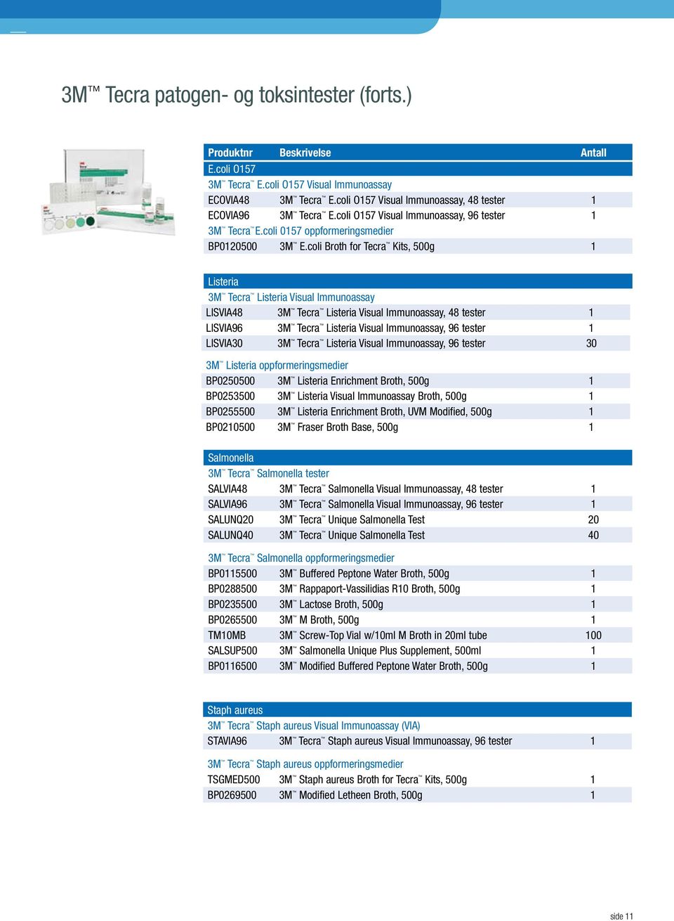 coli Broth for Tecra Kits, 500g 1 Listeria Tecra Listeria Visual Immunoassay LISVIA48 Tecra Listeria Visual Immunoassay, 48 tester 1 LISVIA96 Tecra Listeria Visual Immunoassay, 96 tester 1 LISVIA30