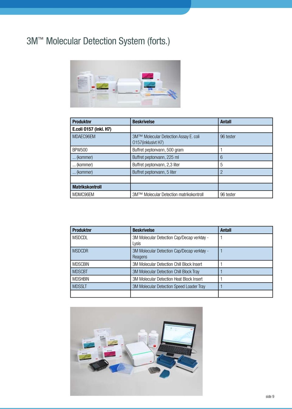 .. (kommer) Buffret peptonvann, 5 liter 2 96 tester Matrikskontroll MDMC96EM 3M Molecular Detection matrikskontroll 96 tester MSDCDL 3M Molecular Detection Cap/Decap verktøy