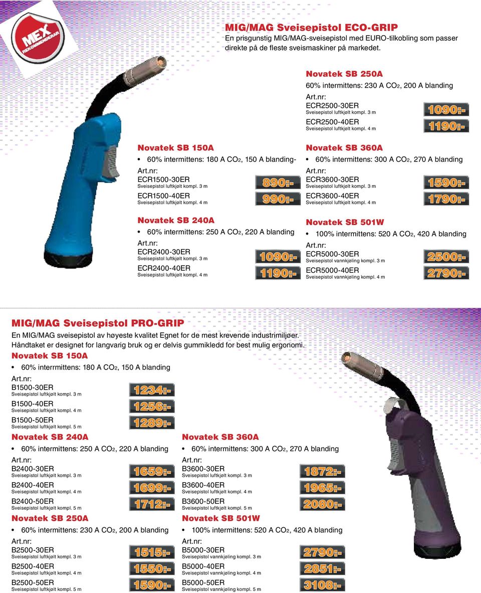 4 m Novatek SB 240A 60% intermittens: 250 A CO2, 220 A blanding ECR2400-30ER Sveisepistol luftkjølt kompl. 3 m ECR2400-40ER Sveisepistol luftkjølt kompl.