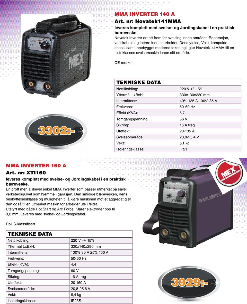 Dens ytelse, Vekt, kompakte chassi samt Innebygget moderne teknologi, gjør Novatek141MMA till en tilsteklasses sveisemaskin innen sitt område. CE-merket.