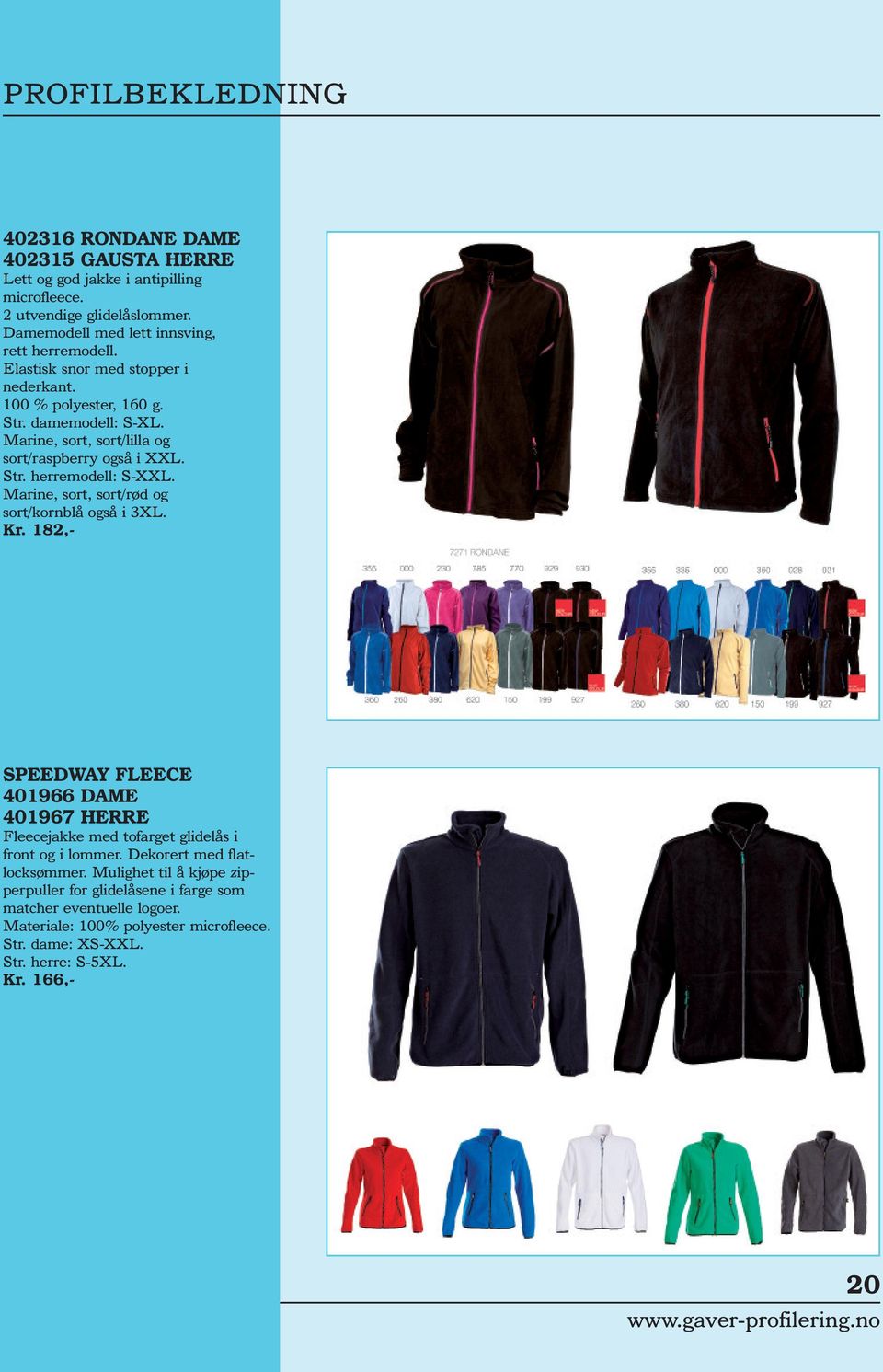 Marine, sort, sort/rød og sort/kornblå også i 3XL. Kr. 182,- SPEEDWAY FLEECE 401966 DAME 401967 HERRE Fleecejakke med tofarget glidelås i front og i lommer.