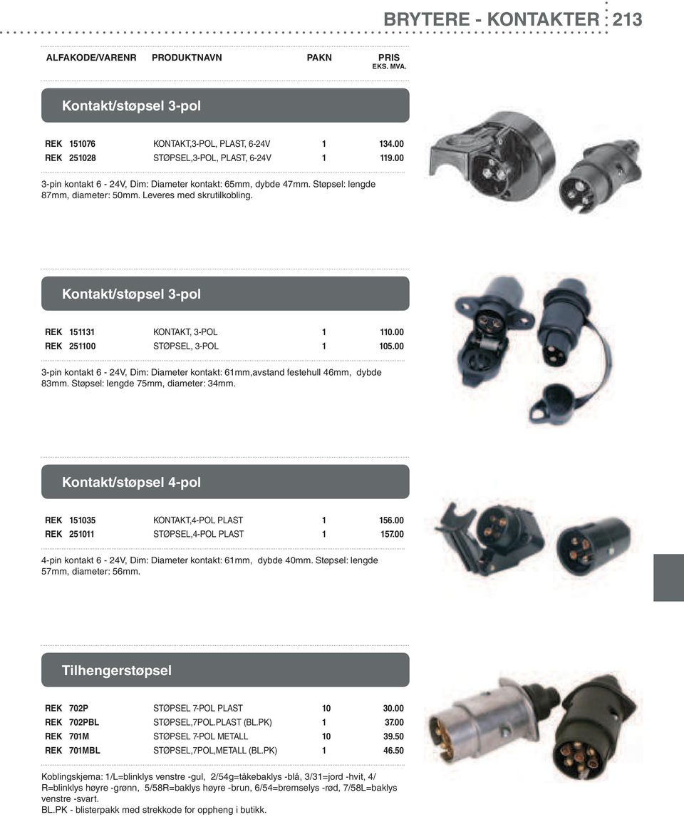 00 REK 251100 STØPSEL, 3-POL 1 105.00 3-pin kontakt 6-24V, Dim: Diameter kontakt: 61mm,avstand festehull 46mm, dybde 83mm. Støpsel: lengde 75mm, diameter: 34mm.
