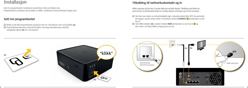 Get-logo skl peke opp, med det vkppede hjørnet (b) inn i Get-boksen. Tilkobling til nettverksskontkt og tv HDMI-utgngen på Get box II sender både lyd og bilde digitlt.