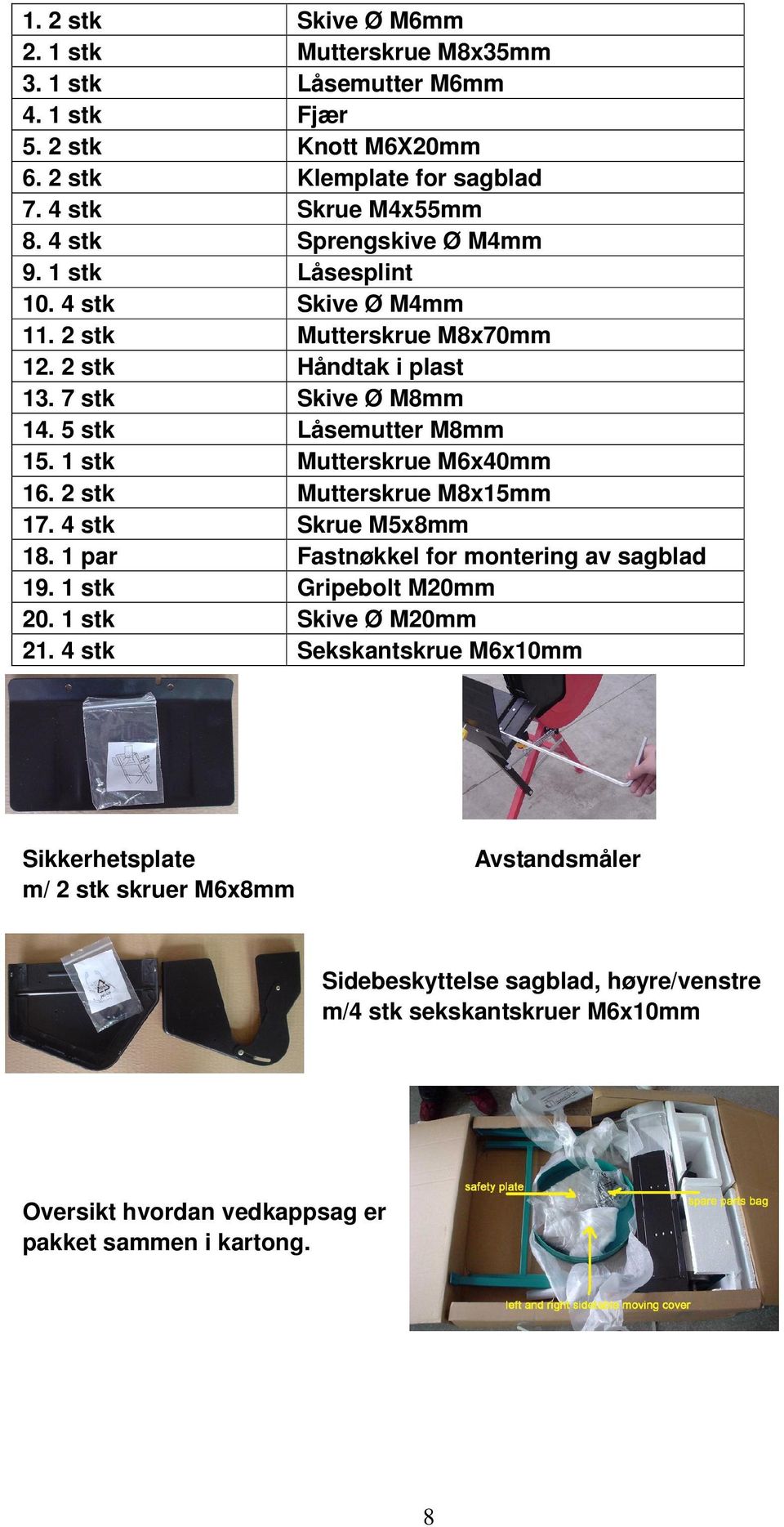 1 stk Mutterskrue M6x40mm 16. 2 stk Mutterskrue M8x15mm 17. 4 stk Skrue M5x8mm 18. 1 par Fastnøkkel for montering av sagblad 19. 1 stk Gripebolt M20mm 20. 1 stk Skive Ø M20mm 21.