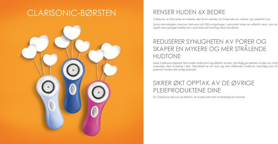 REDUSERER SYNLIGHETEN AV PORER OG SKAPER EN MYKERE OG MER STRÅLENDE HUDTONE Med Clarisonic-børsten blir huden skånsomt og effektiv renset.