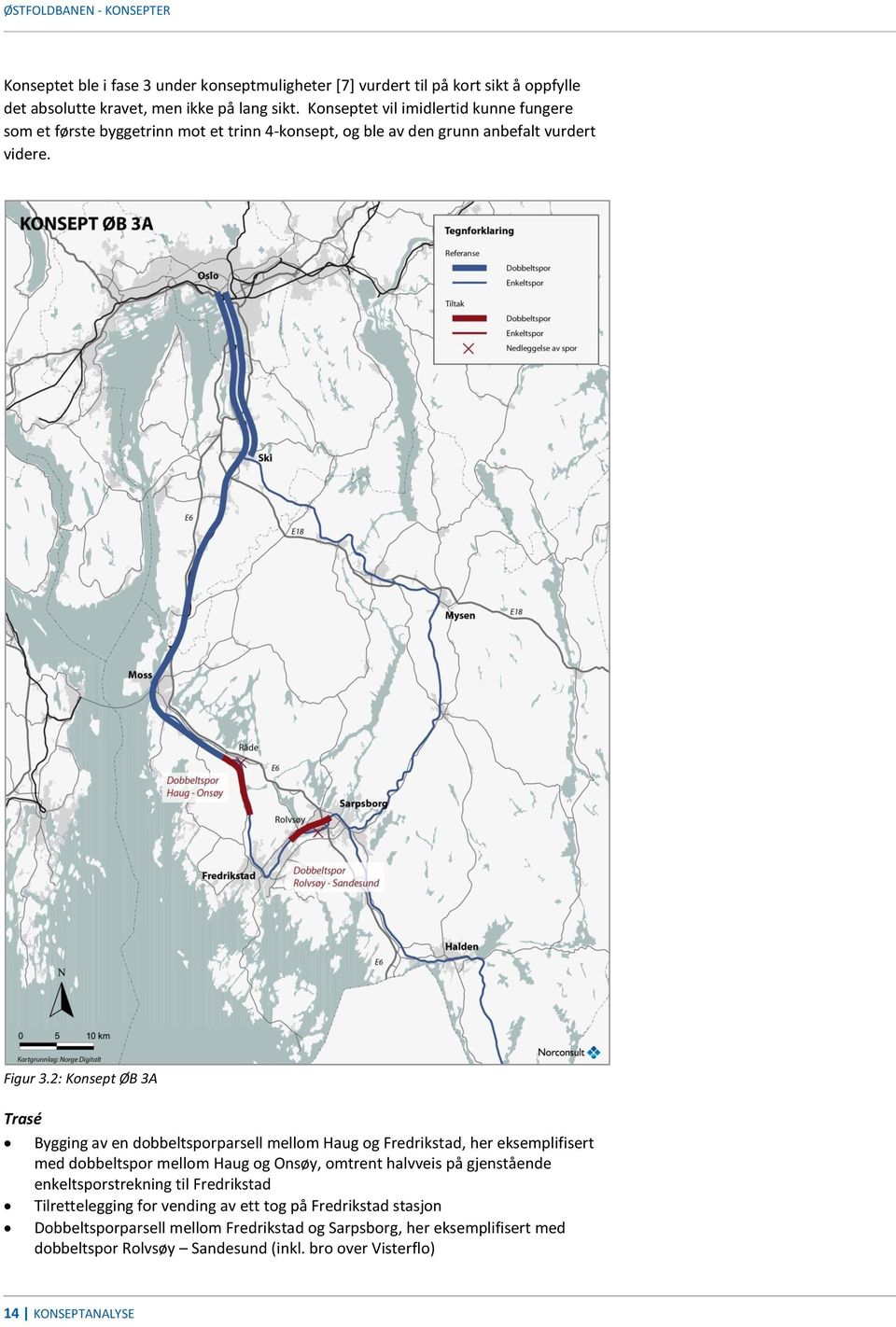 2: Konsept ØB 3A Trasé Bygging av en dobbeltsporparsell mellom Haug og Fredrikstad, her eksemplifisert med dobbeltspor mellom Haug og Onsøy, omtrent halvveis på gjenstående