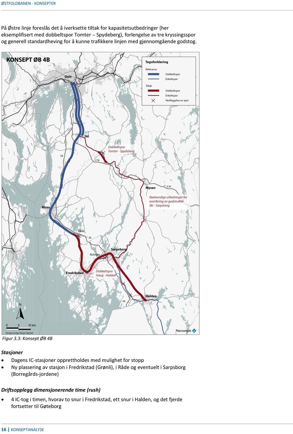 3: Konsept ØB 4B Stasjoner Dagens IC-stasjoner opprettholdes med mulighet for stopp Ny plassering av stasjon i Fredrikstad (Grønli), i Råde og eventuelt i