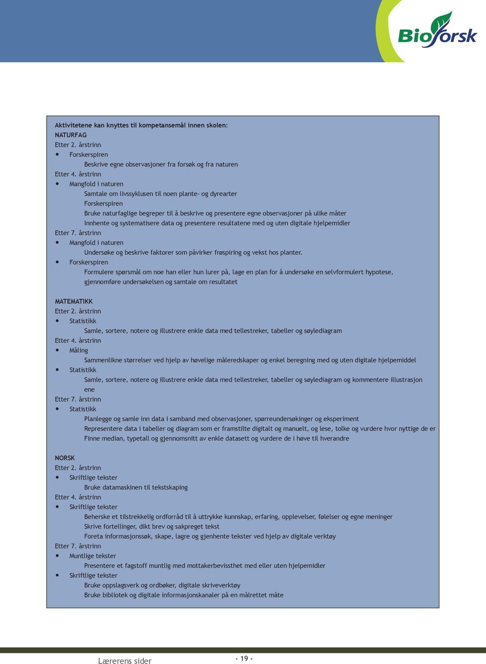 systematisere data og presentere resultatene med og uten digitale hjelpemidler Etter 7. årstrinn Mangfold i naturen Undersøke og beskrive faktorer som påvirker frøspiring og vekst hos planter.