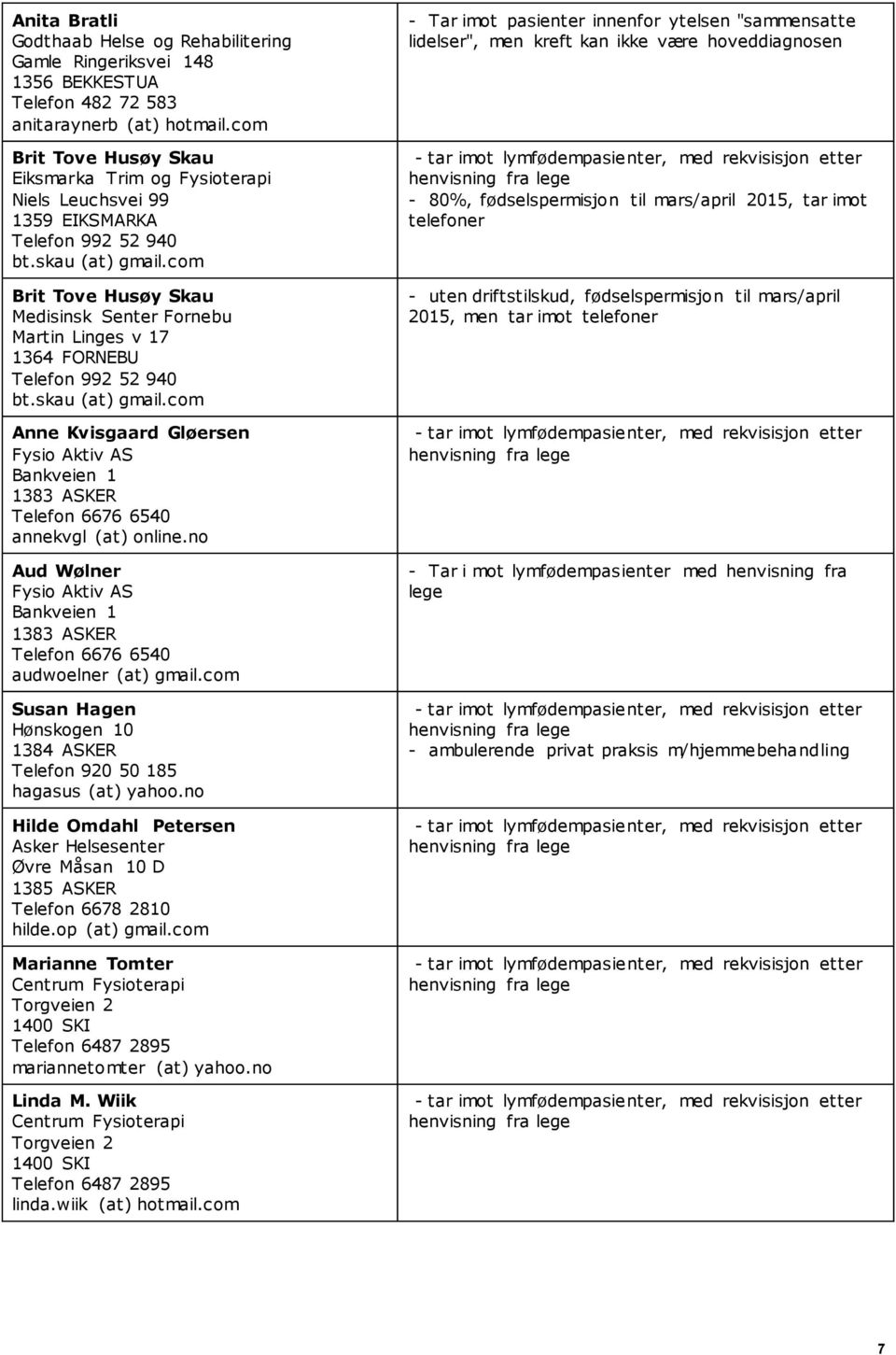 com Brit Tove Husøy Skau Medisinsk Senter Fornebu Martin Linges v 17 1364 FORNEBU Telefon 992 52 940 bt.skau (at) gmail.