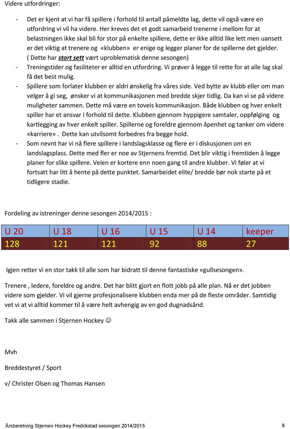 enige og legger planer for de spillerne det gjelder. ( Dette har stort sett vært uproblematisk denne sesongen) - Treningstider og fasiliteter er alltid en utfordring.