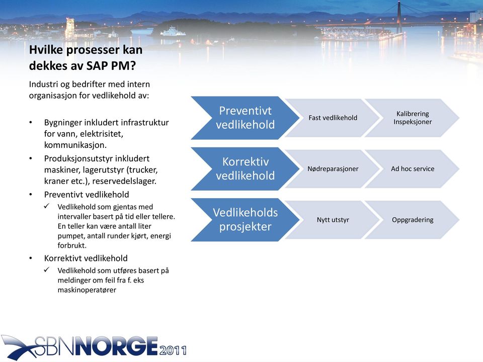 Preventivt vedlikehold Korrektiv vedlikehold Fast vedlikehold Nødreparasjoner Kalibrering Inspeksjoner Ad hoc service Preventivt vedlikehold Vedlikehold som gjentas med