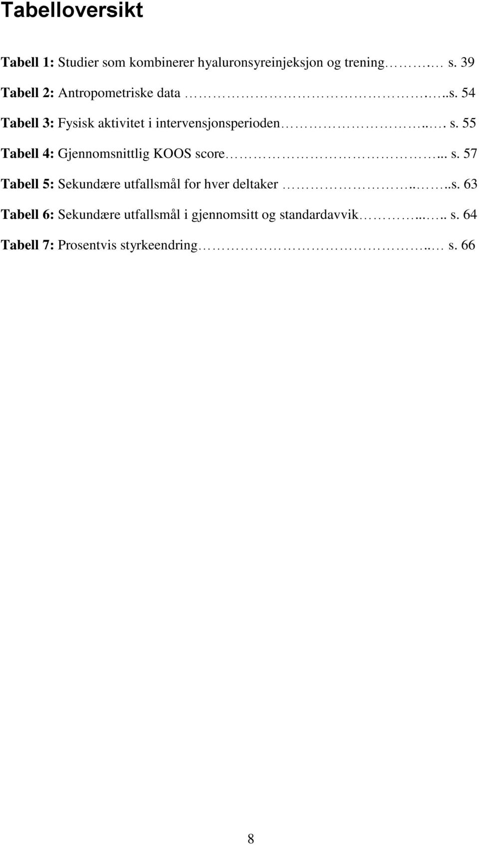 55 Tabell 4: Gjennomsnittlig KOOS score... s. 57 Tabell 5: Sekundære utfallsmål for hver deltaker....s. 63 Tabell 6: Sekundære utfallsmål i gjennomsitt og standardavvik.