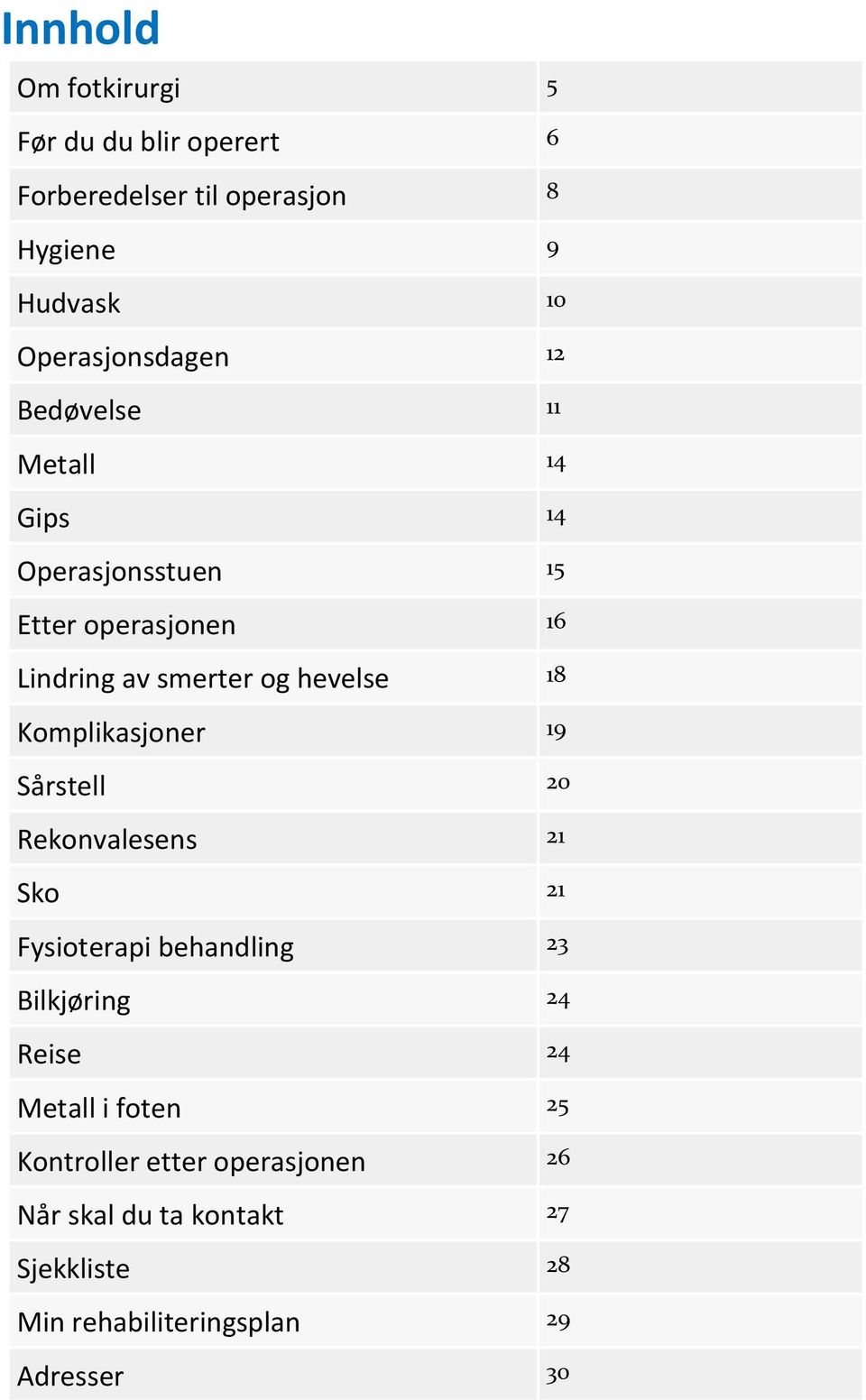 hevelse 18 Komplikasjoner 19 Sårstell 20 Rekonvalesens 21 Sko 21 Fysioterapi behandling 23 Bilkjøring 24 Reise 24