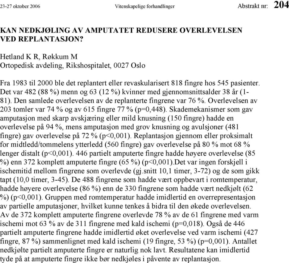 Det var 482 (88 %) menn og 63 (12 %) kvinner med gjennomsnittsalder 38 år (1-81). Den samlede overlevelsen av de replanterte fingrene var 76 %.