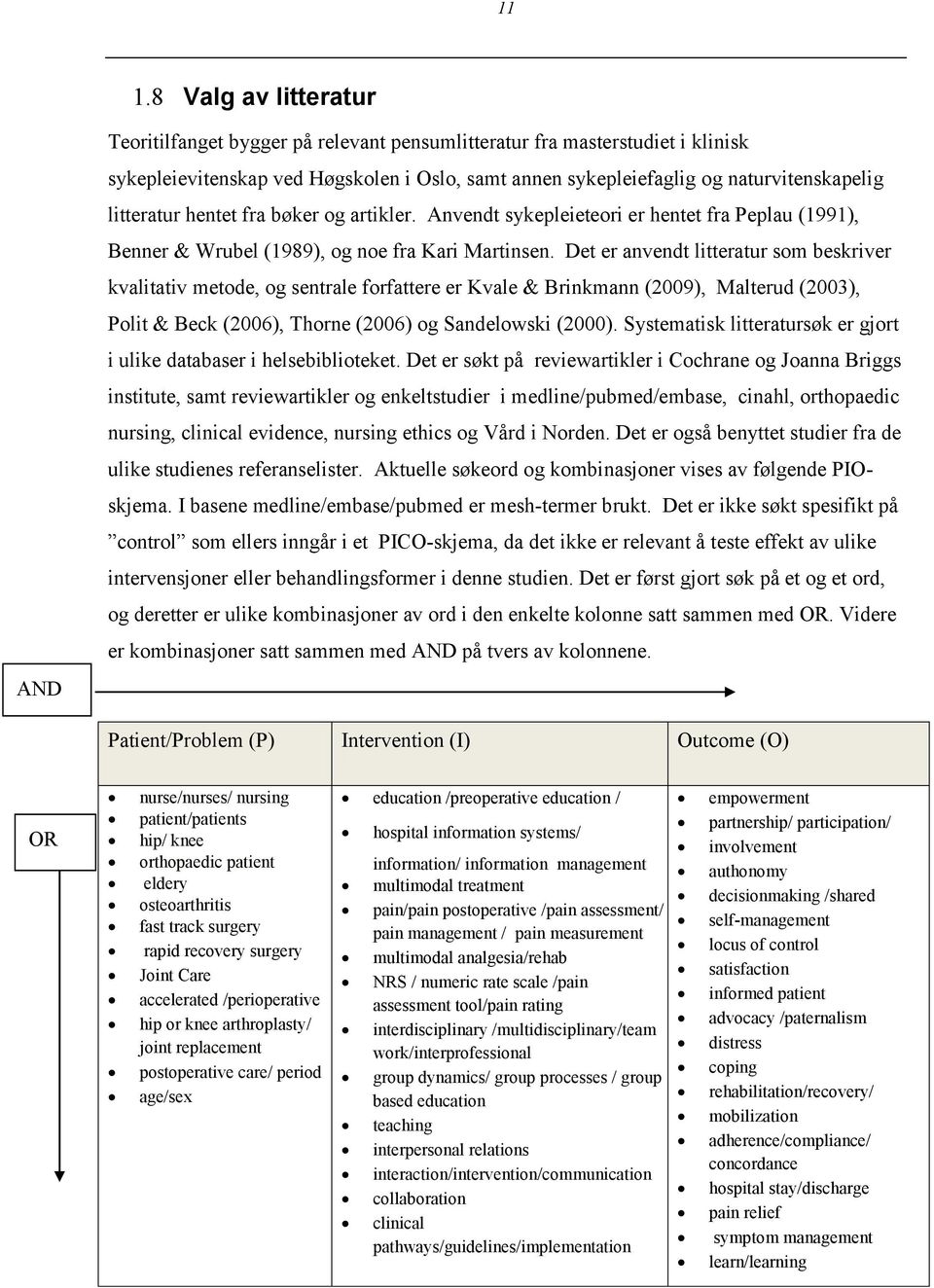 Det er anvendt litteratur som beskriver kvalitativ metode, og sentrale forfattere er Kvale & Brinkmann (2009), Malterud (2003), Polit & Beck (2006), Thorne (2006) og Sandelowski (2000).