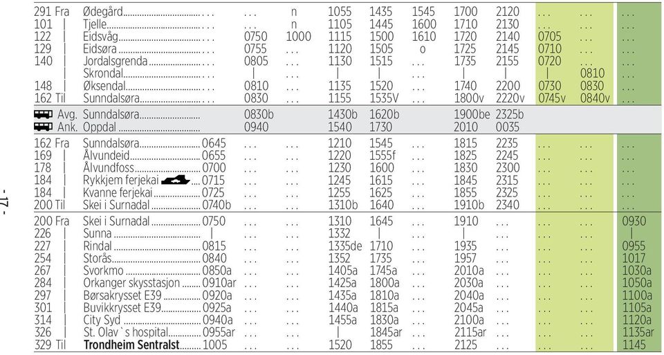 .. 162 Til Sunndalsøra...... 0830... 1155 1535V... 1800v 2220v 0745v 0840v... Avg. Sunndalsøra... 0830b 1430b 1620b 1900be 2325b Ank. Oppdal... 0940 1540 1730 2010 0035 162 Fra Sunndalsøra... 0645.