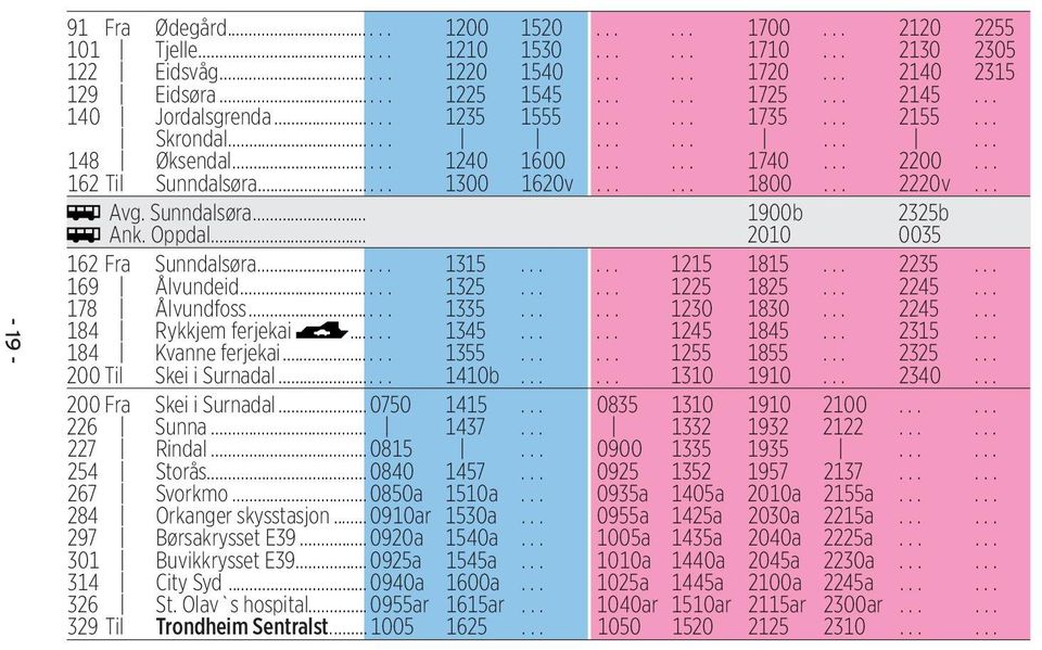 .. Avg. Sunndalsøra... 1900b 2325b Ank. Oppdal... 2010 0035 162 Fra Sunndalsøra...... 1315...... 1215 1815... 2235... 169 Ålvundeid...... 1325...... 1225 1825... 2245... 178 Ålvundfoss...... 1335.