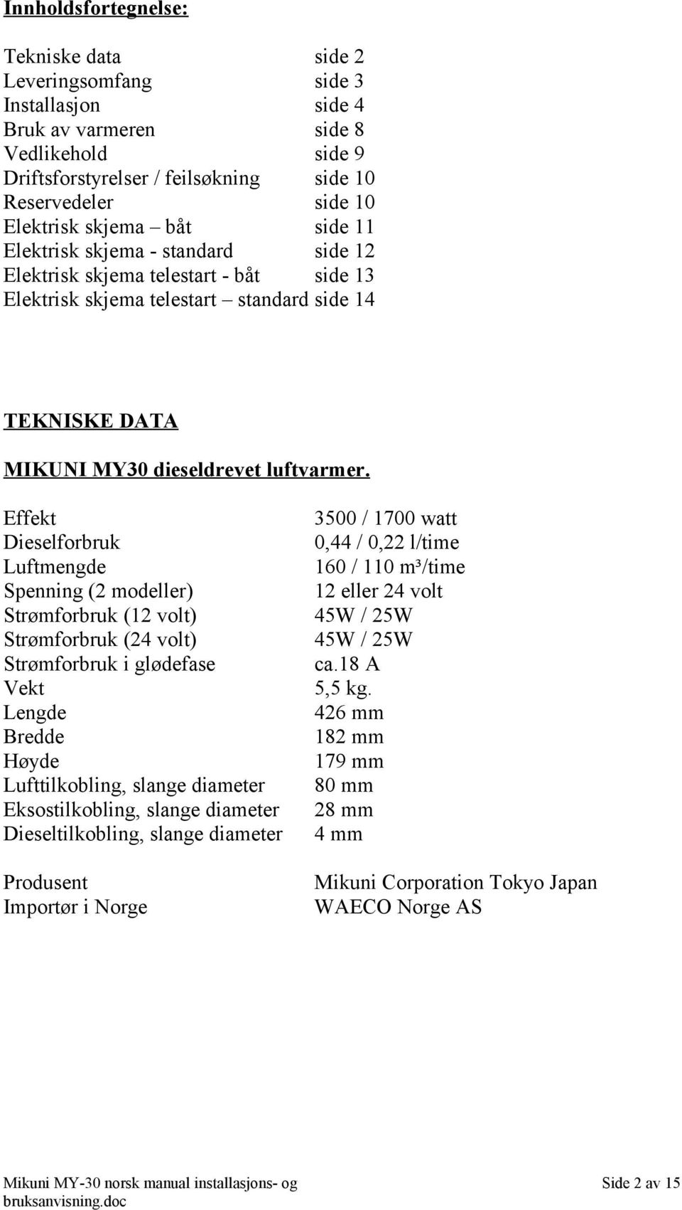 Effekt Dieselforbruk Luftmengde Spenning (2 modeller) Strømforbruk (2 volt) Strømforbruk (24 volt) Strømforbruk i glødefase Vekt Lengde Bredde Høyde Lufttilkobling, slange diameter Eksostilkobling,