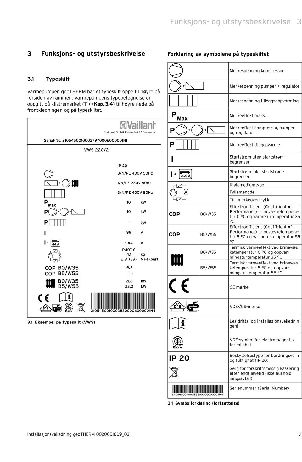 Merkespenning kompressor Merkespenning pumper + regulator Merkespenning tilleggs oppvarming Merkeeffekt maks. Vaillant GmbH Remscheid / Germany Merkeeffekt kompressor, pumper og regulator Serial-o.