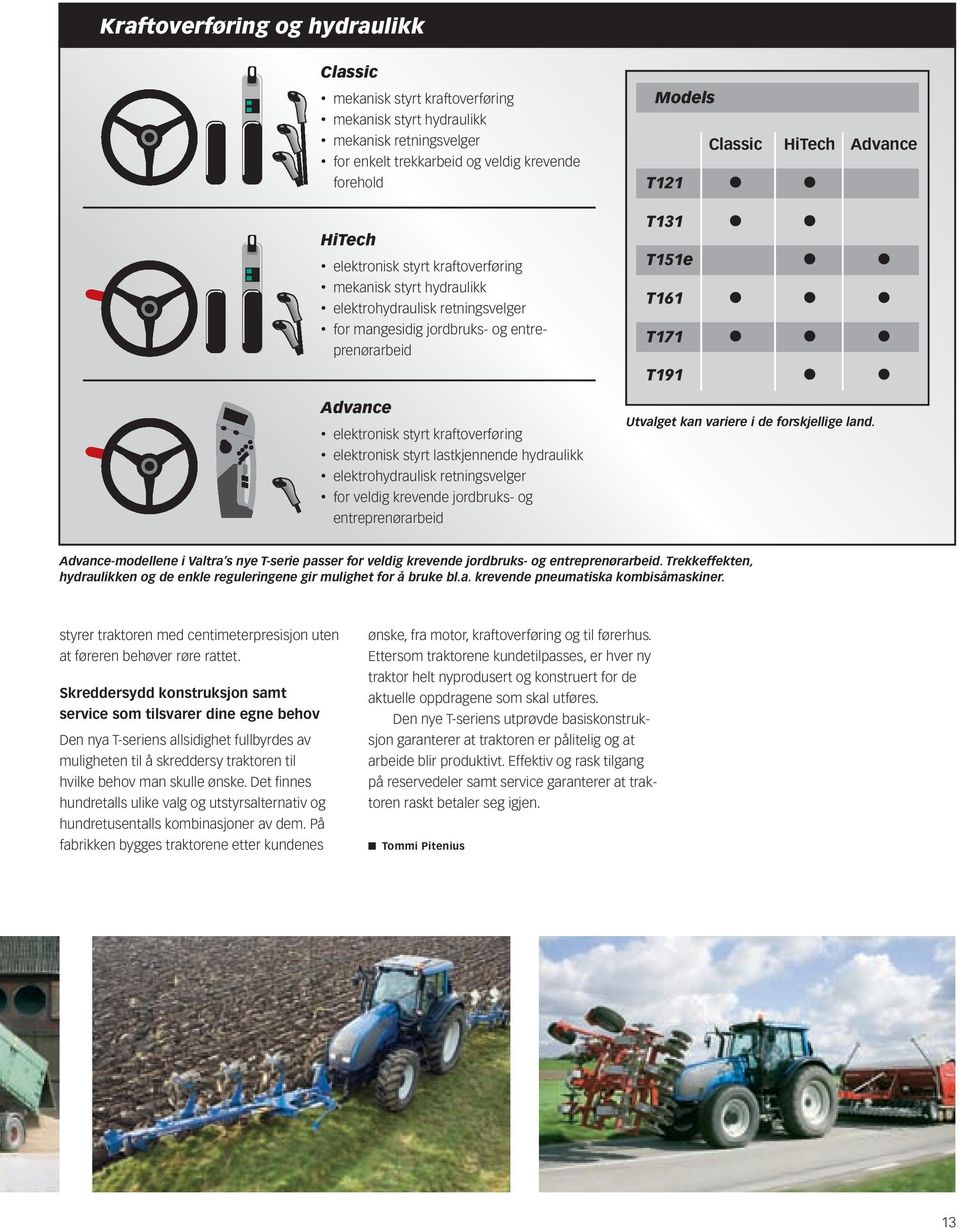 hydraulikk elektrohydraulisk retningsvelger for veldig krevende jordbruks- og entreprenørarbeid Models Classic HiTech Advance T121 T131 T151e T161 T171 T191 Utvalget kan variere i de forskjellige