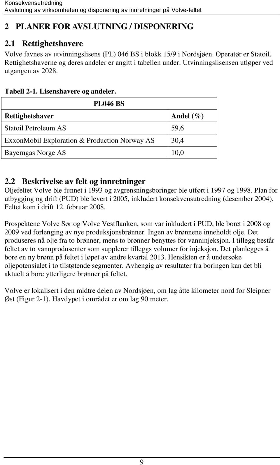 PL046 BS Rettighetshaver Andel (%) Statoil Petroleum AS 59,6 ExxonMobil Exploration & Production Norway AS 30,4 Bayerngas Norge AS 10,0 2.