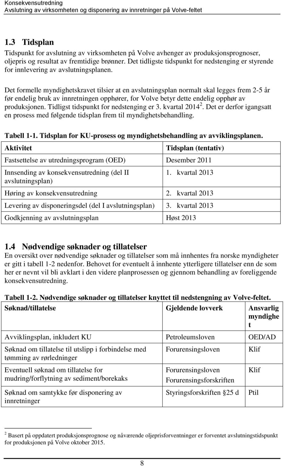 Det formelle myndighetskravet tilsier at en avslutningsplan normalt skal legges frem 2-5 år før endelig bruk av innretningen opphører, for Volve betyr dette endelig opphør av produksjonen.