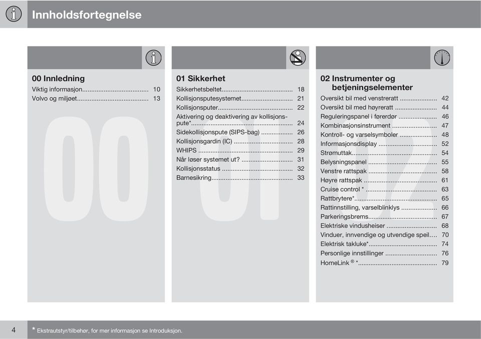 .. 46 Kombinasjonsinstrument... 47 Sidekollisjonspute (SIPS-bag)... 26 Kontroll- og varselsymboler... 48 Kollisjonsgardin (IC)... 28 Informasjonsdisplay... 52 WHIPS... 29 Strømuttak.