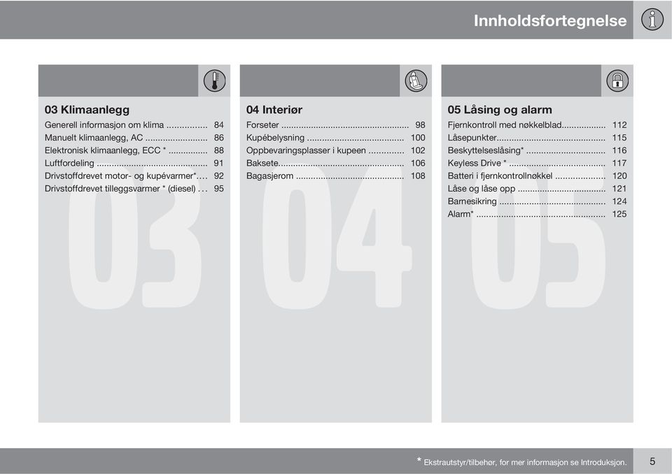 .. 100 Oppbevaringsplasser i kupeen... 102 Baksete... 106 Bagasjerom... 108 05 Låsing og alarm 05 Fjernkontroll med nøkkelblad... 112 Låsepunkter.