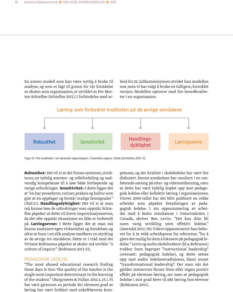Modellen opererer med fire hovedkvaliteter i en organisasjon. Læring som forbedrer kvaliteten på de øvrige områdene Robusthet Sensitivitet Handlingsdyktighet Læringsevne Figur 8.