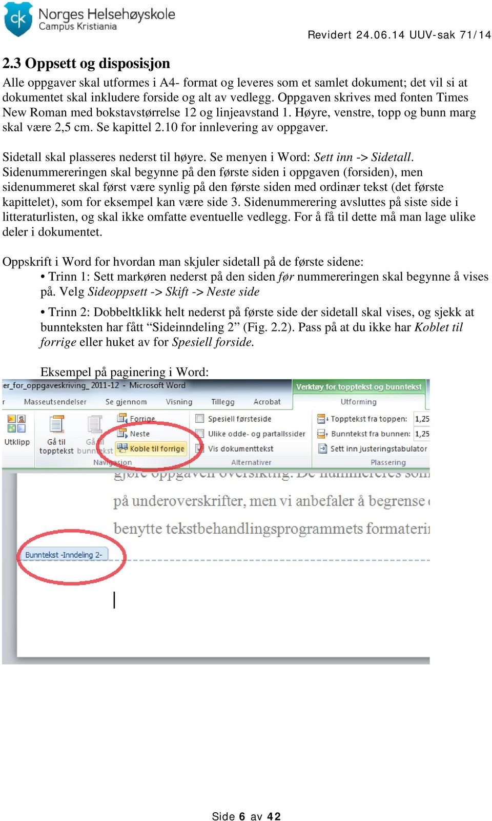 Sidetall skal plasseres nederst til høyre. Se menyen i Word: Sett inn -> Sidetall.