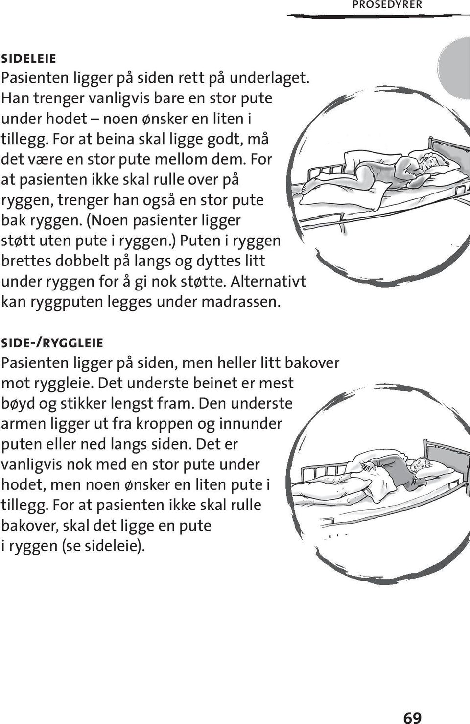 (Noen pasienter ligger støtt uten pute i ryggen.) Puten i ryggen brettes dobbelt på langs og dyttes litt under ryggen for å gi nok støtte. Alternativt kan ryggputen legges under madrassen.