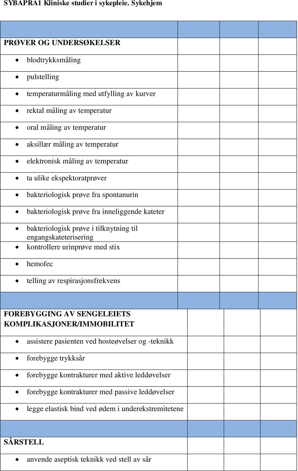 kontrollere urinprøve med stix hemofec telling av respirasjonsfrekvens FOREBYGGING AV SENGELEIETS KOMPLIKASJONER/IMMOBILITET assistere pasienten ved hosteøvelser og -teknikk forebygge trykksår