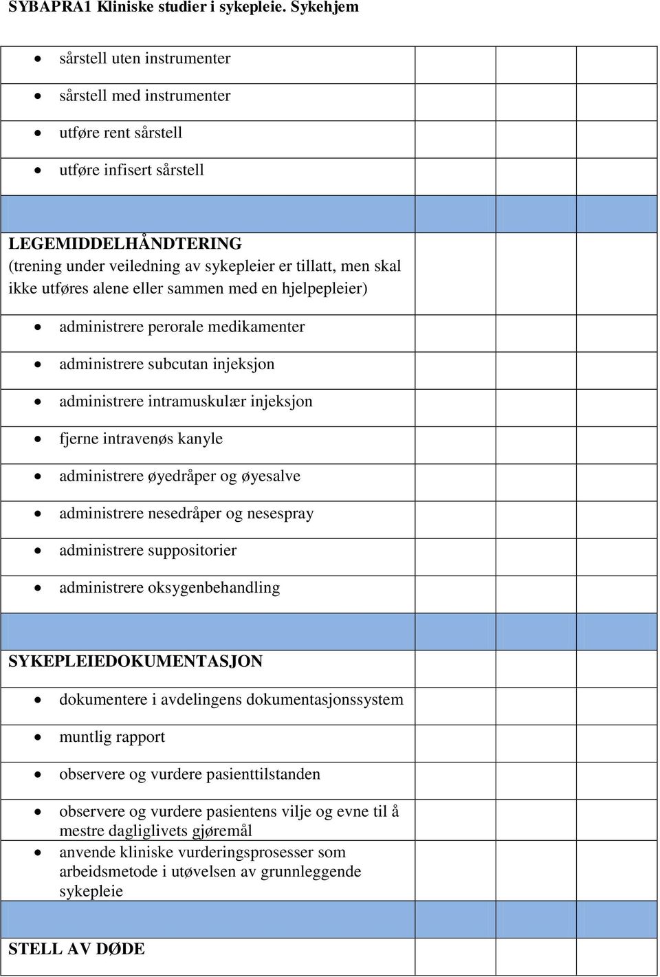 administrere nesedråper og nesespray administrere suppositorier administrere oksygenbehandling SYKEPLEIEDOKUMENTASJON dokumentere i avdelingens dokumentasjonssystem muntlig rapport observere og