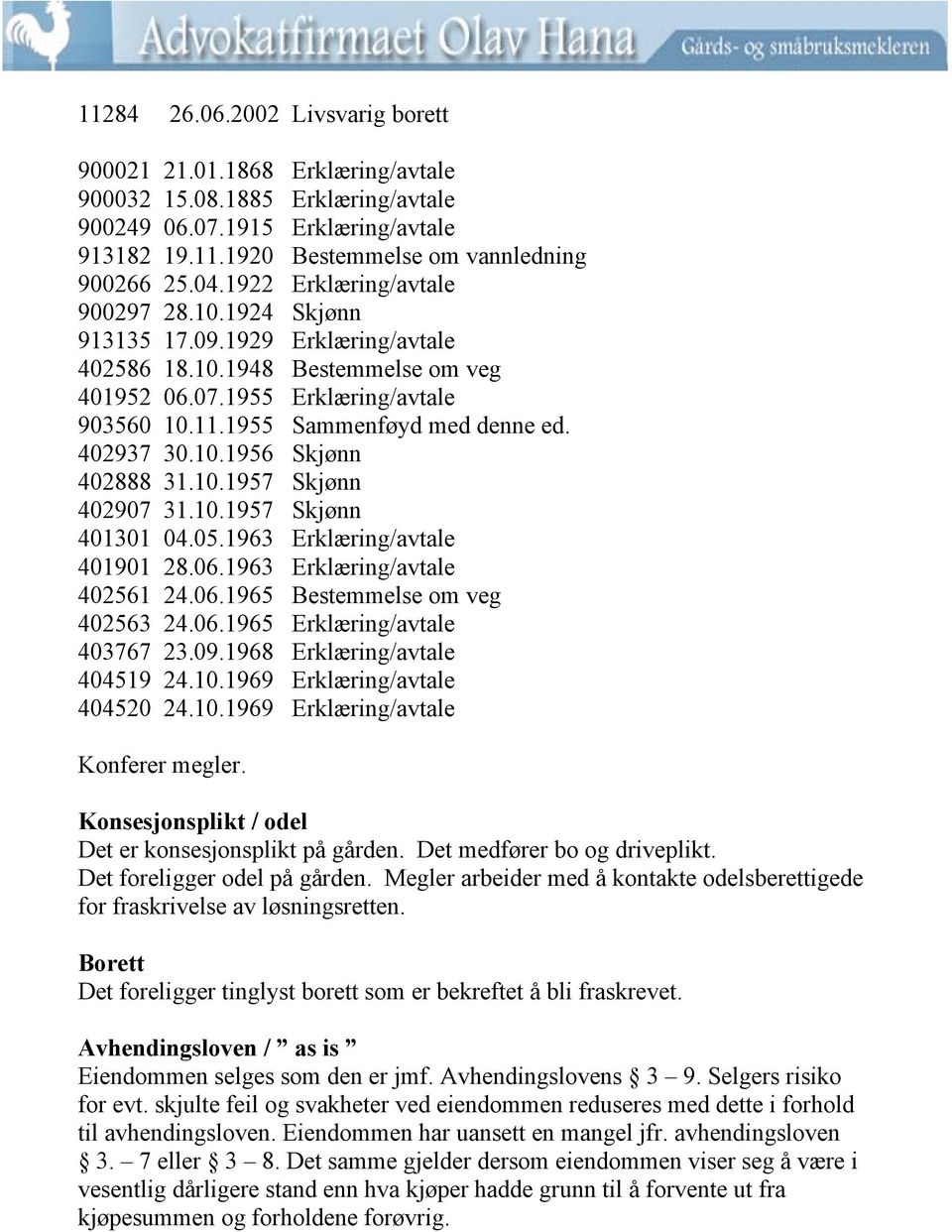 402937 30.10.1956 Skjønn 402888 31.10.1957 Skjønn 402907 31.10.1957 Skjønn 401301 04.05.1963 Erklæring/avtale 401901 28.06.1963 Erklæring/avtale 402561 24.06.1965 Bestemmelse om veg 402563 24.06.1965 Erklæring/avtale 403767 23.