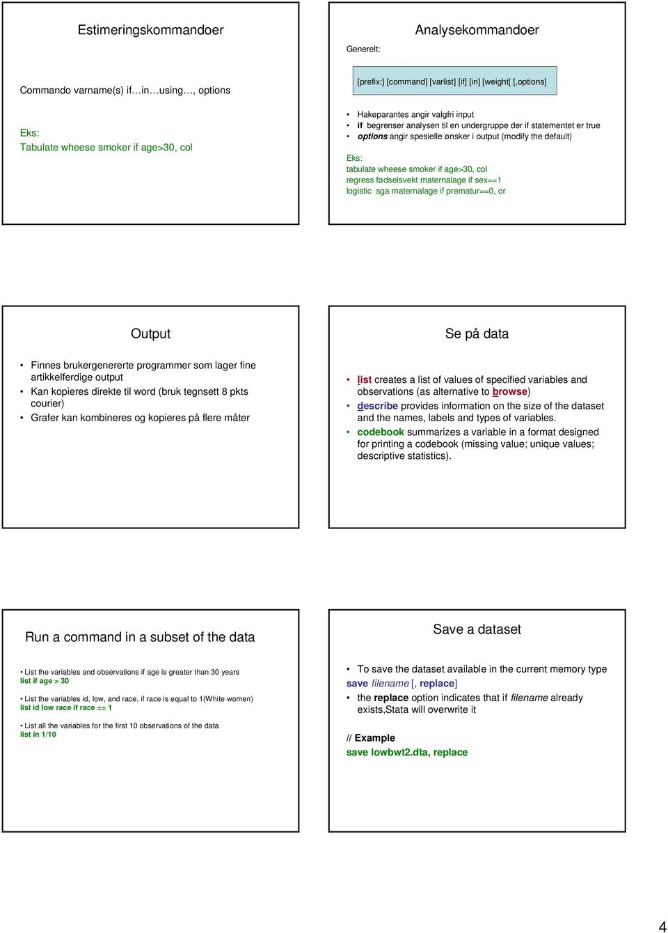 age>30, col regress fødselsvekt maternalage if sex==1 logistic sga maternalage if prematur==0, or Output Se på data Finnes brukergenererte programmer som lager fine artikkelferdige output Kan