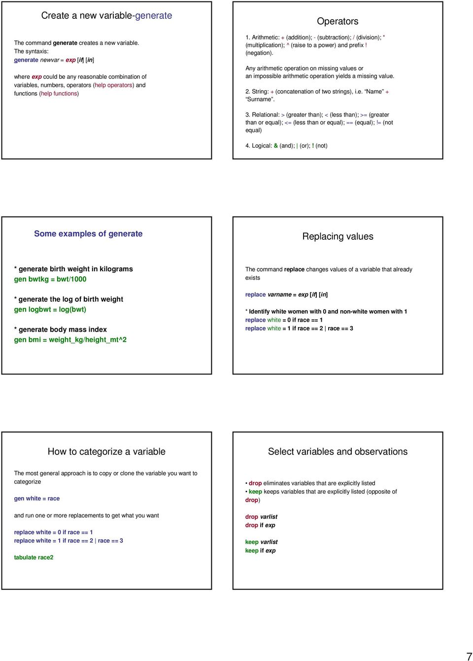 Arithmetic: + (addition); - (subtraction); / (division); * (multiplication); ^ (raise to a power) and prefix! (negation).