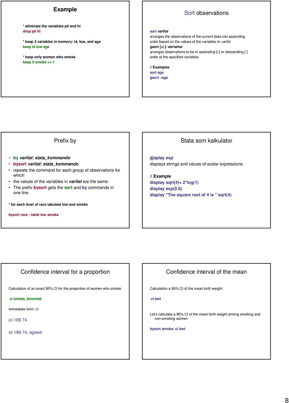 order of the specified variables // Examples sort age gsort age Prefix by Stata som kalkulator by varlist: stata_kommando bysort varlist: stata_kommando repeats the command for each group of