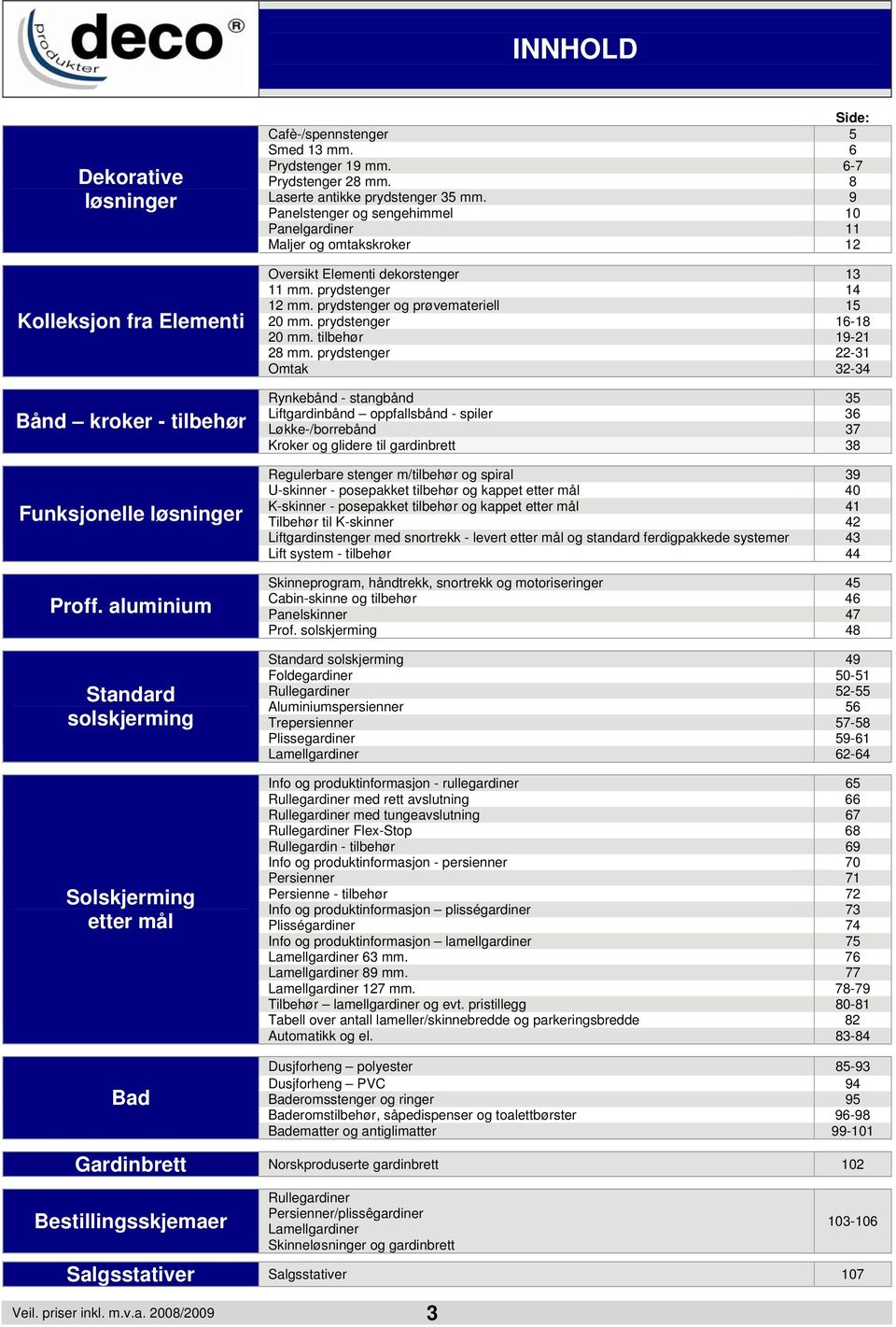 9 Panelstenger og sengehimmel 10 Panelgardiner 11 Maljer og omtakskroker 12 Oversikt Elementi dekorstenger 13 11 mm. prydstenger 14 12 mm. prydstenger og prøvemateriell 15 20 mm.