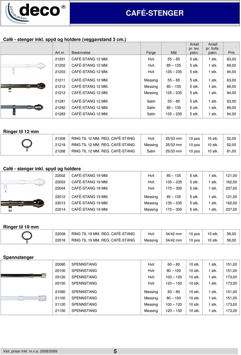 69,00 21213 CAFÈ-STANG 12 MM. Messing 135 235 5 stk. 94,00 21281 CAFÈ-STANG 12 MM. 55 85 5 stk. 63,00 21282 CAFÈ-STANG 12 MM. 85 135 5 stk. 69,00 21283 CAFÈ-STANG 12 MM. 135 235 5 stk. 94,00 Ringer til 12 mm 21208 RING TIL 12 MM.