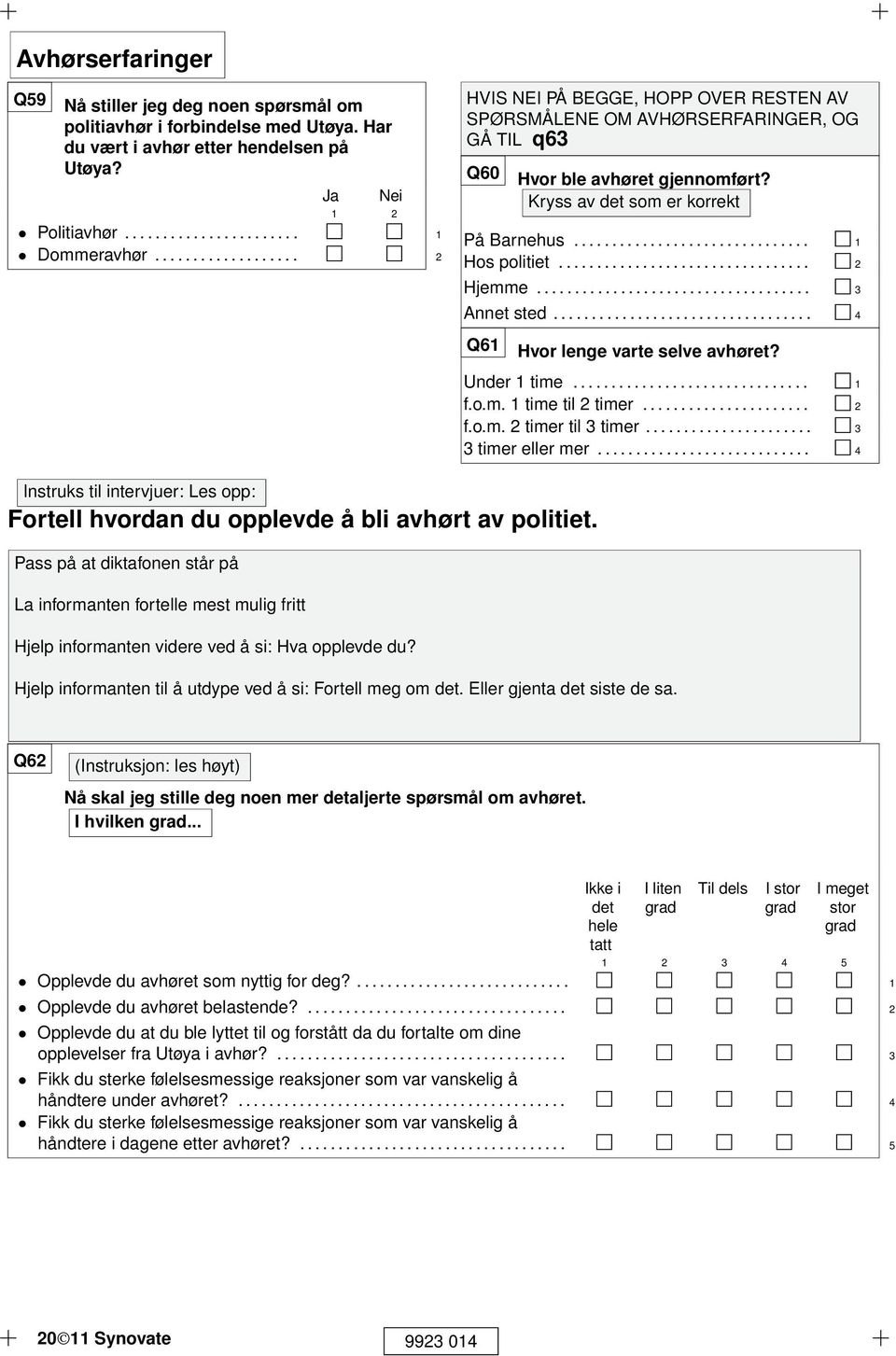 ................................ 2 Hjemme.................................... 3 Annet sted.................................. 4 Q6 Instruks til intervjuer: Les opp: Fortell hvordan du opplevde å bli avhørt av politiet.