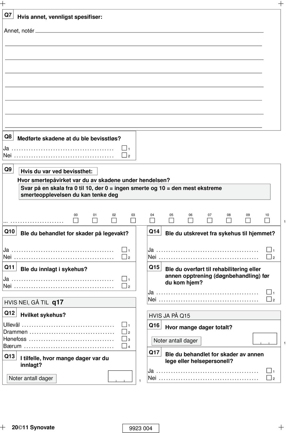 Q4 Ble du utskrevet fra sykehus til hjemmet? Q Ble du innlagt i sykehus? HVIS NEI, GÅ TIL q7 Q2 Hvilket sykehus? Ullevål...................................... Drammen................................... 2 Hønefoss.