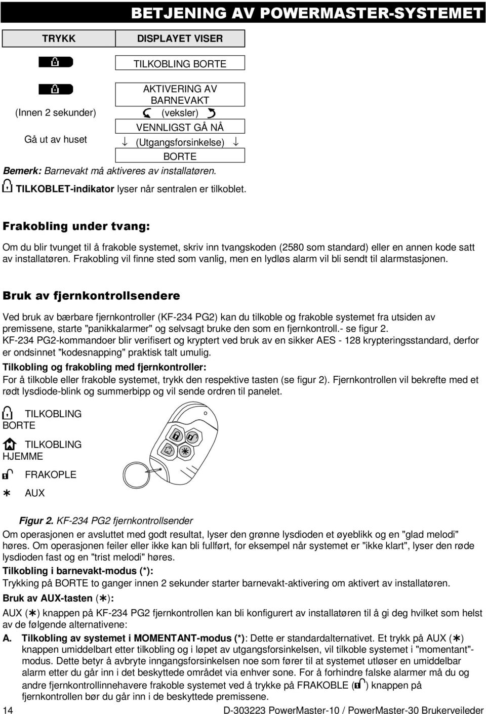 Frakobling under tvang: Om du blir tvunget til å frakoble systemet, skriv inn tvangskoden (2580 som standard) eller en annen kode satt av installatøren.