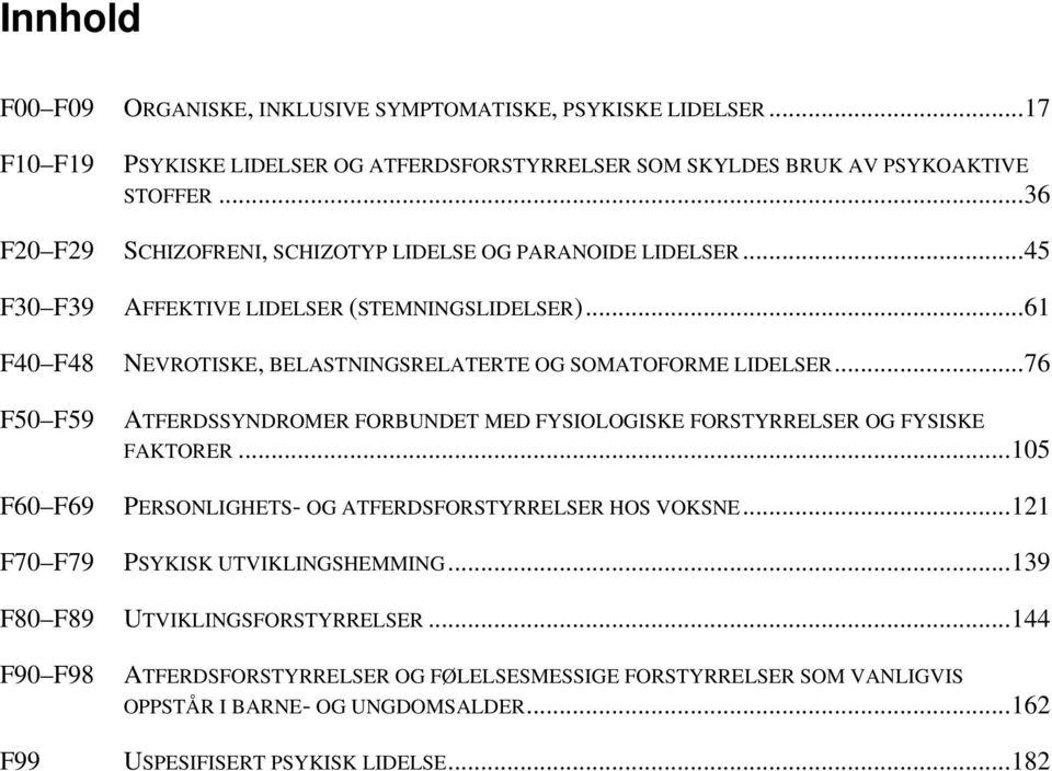 ..61 NEVROTISKE, BELASTNINGSRELATERTE OG SOMATOFORME LIDELSER...76 ATFERDSSYNDROMER FORBUNDET MED FYSIOLOGISKE FORSTYRRELSER OG FYSISKE FAKTORER.