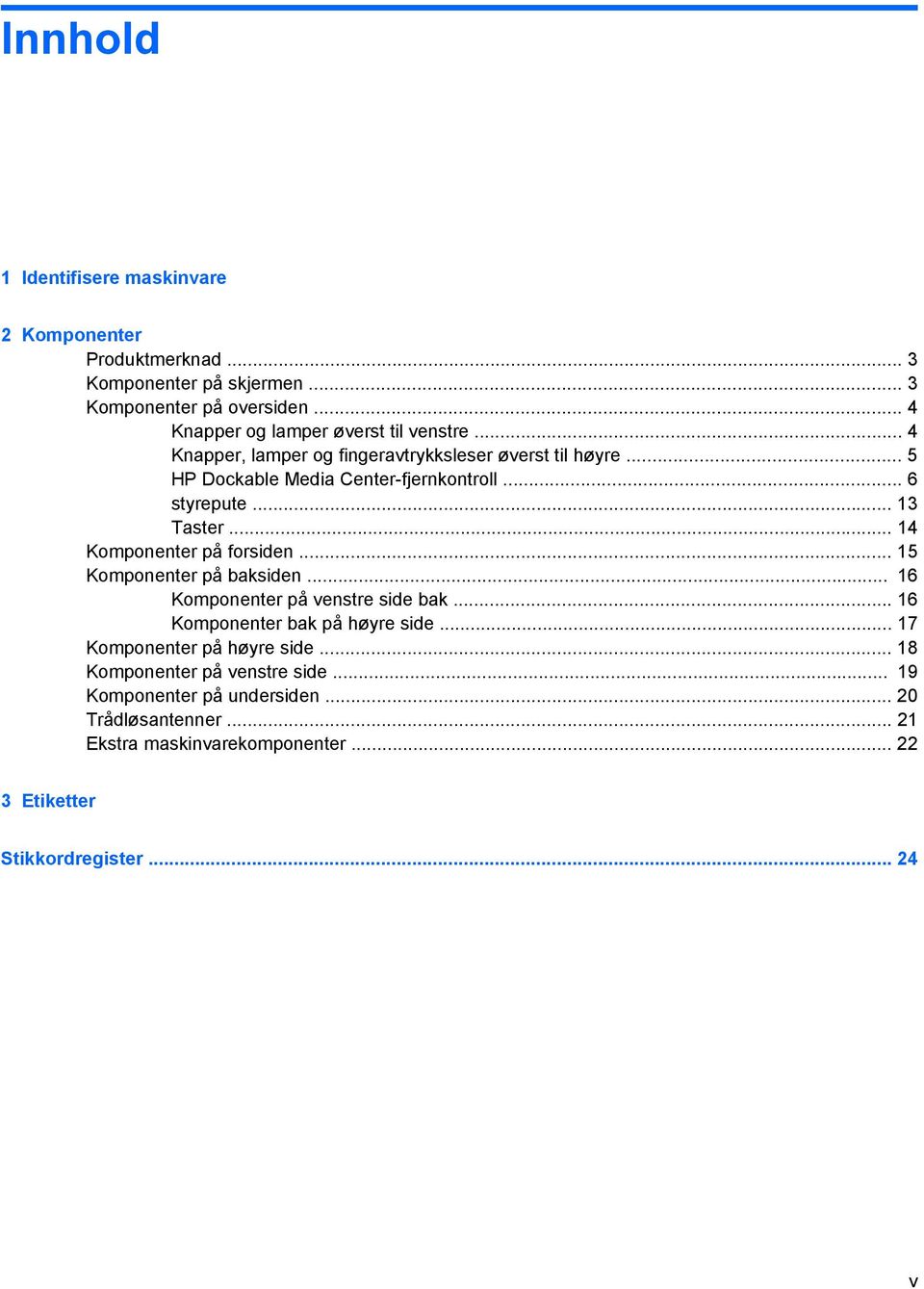 .. 6 styrepute... 13 Taster... 14 Komponenter på forsiden... 15 Komponenter på baksiden... 16 Komponenter på venstre side bak.