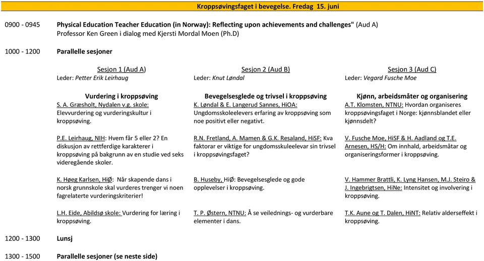 D) 1000-1200 Parallelle sesjoner Sesjon 1 (Aud A) Sesjon 2 (Aud B) Sesjon 3 (Aud C) Leder: Petter Erik Leirhaug Leder: Knut Løndal Leder: Vegard Fusche Moe Vurdering i kroppsøving Bevegelsesglede og