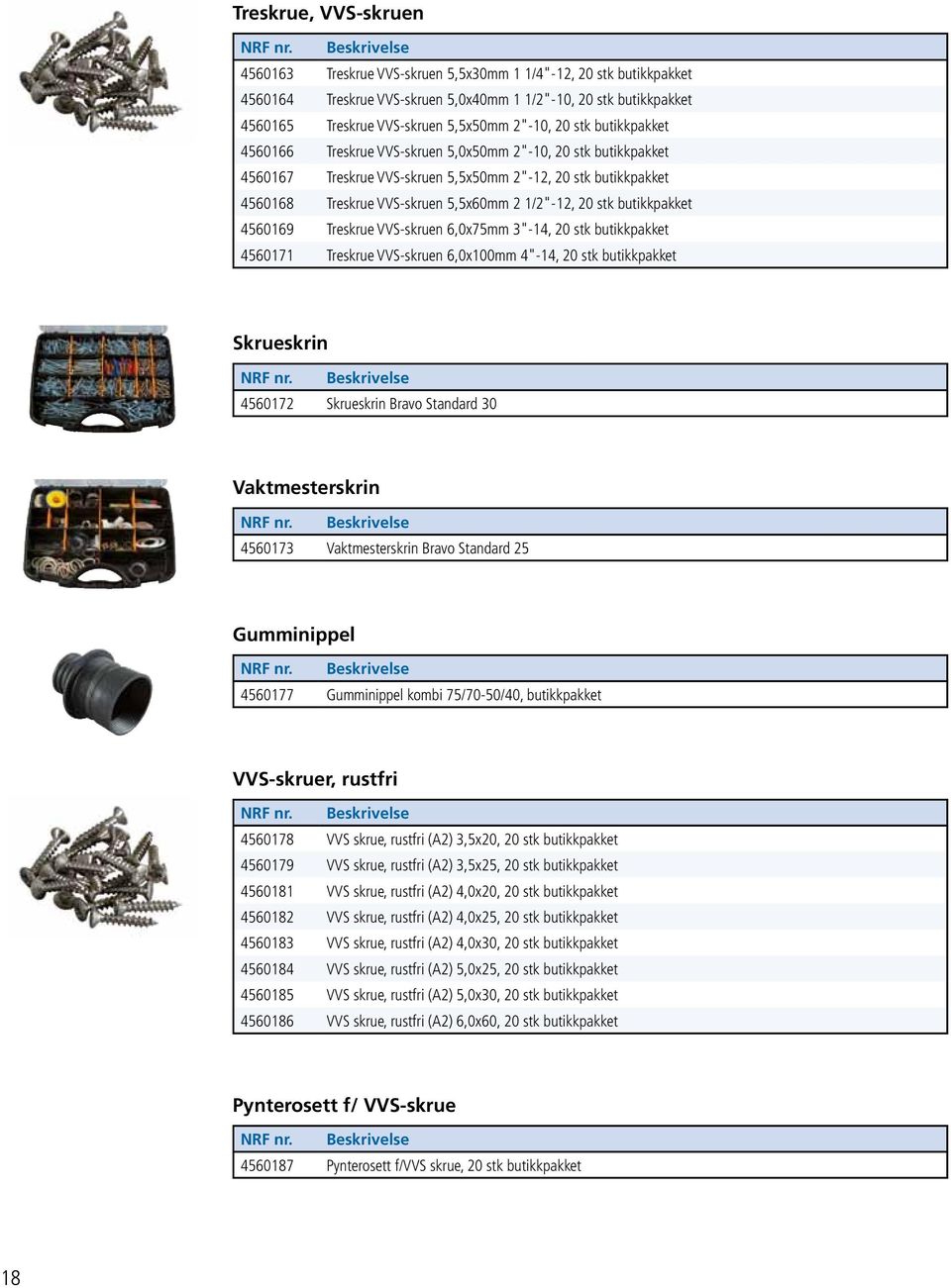 1/2"-12, 20 stk butikkpakket 4560169 Treskrue VVS-skruen 6,0x75mm 3"-14, 20 stk butikkpakket 4560171 Treskrue VVS-skruen 6,0x100mm 4"-14, 20 stk butikkpakket Skrueskrin 4560172 Skrueskrin Bravo