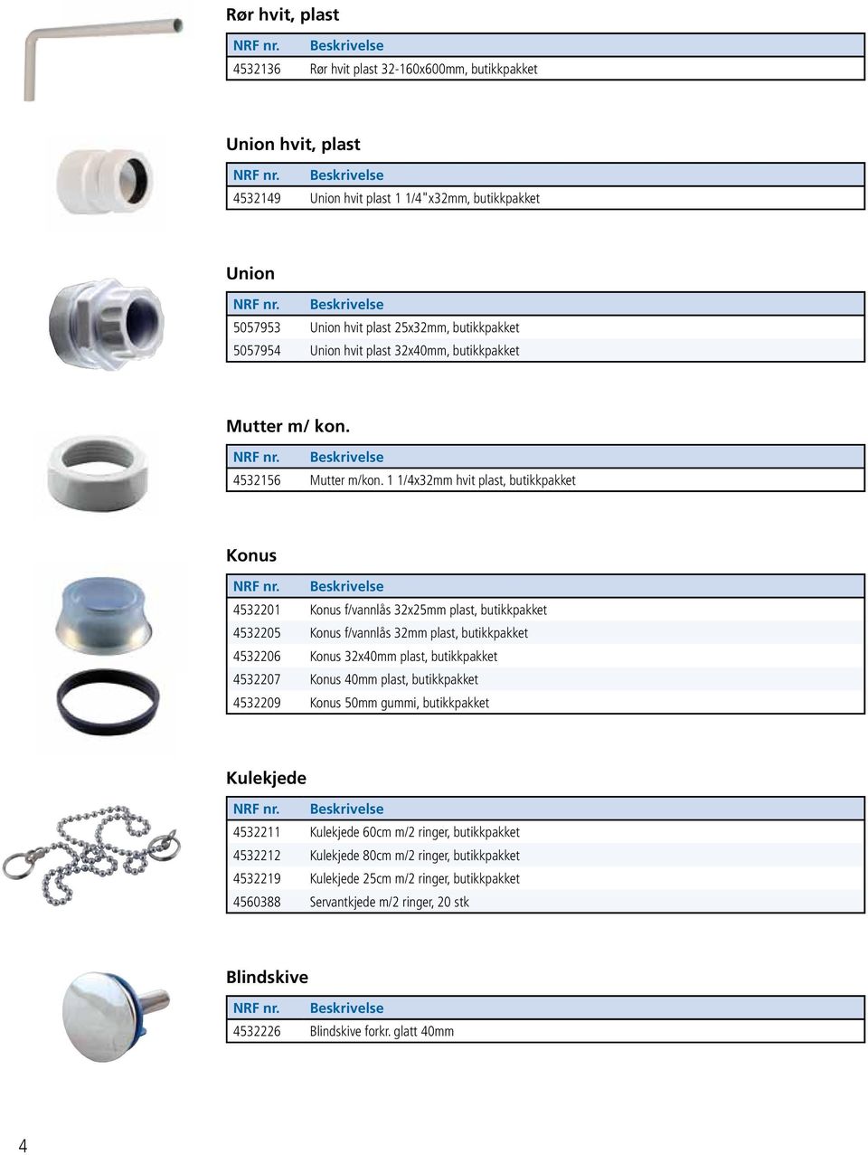 1 1/4x32mm hvit plast, butikkpakket Konus 4532201 Konus f/vannlås 32x25mm plast, butikkpakket 4532205 Konus f/vannlås 32mm plast, butikkpakket 4532206 Konus 32x40mm plast, butikkpakket 4532207