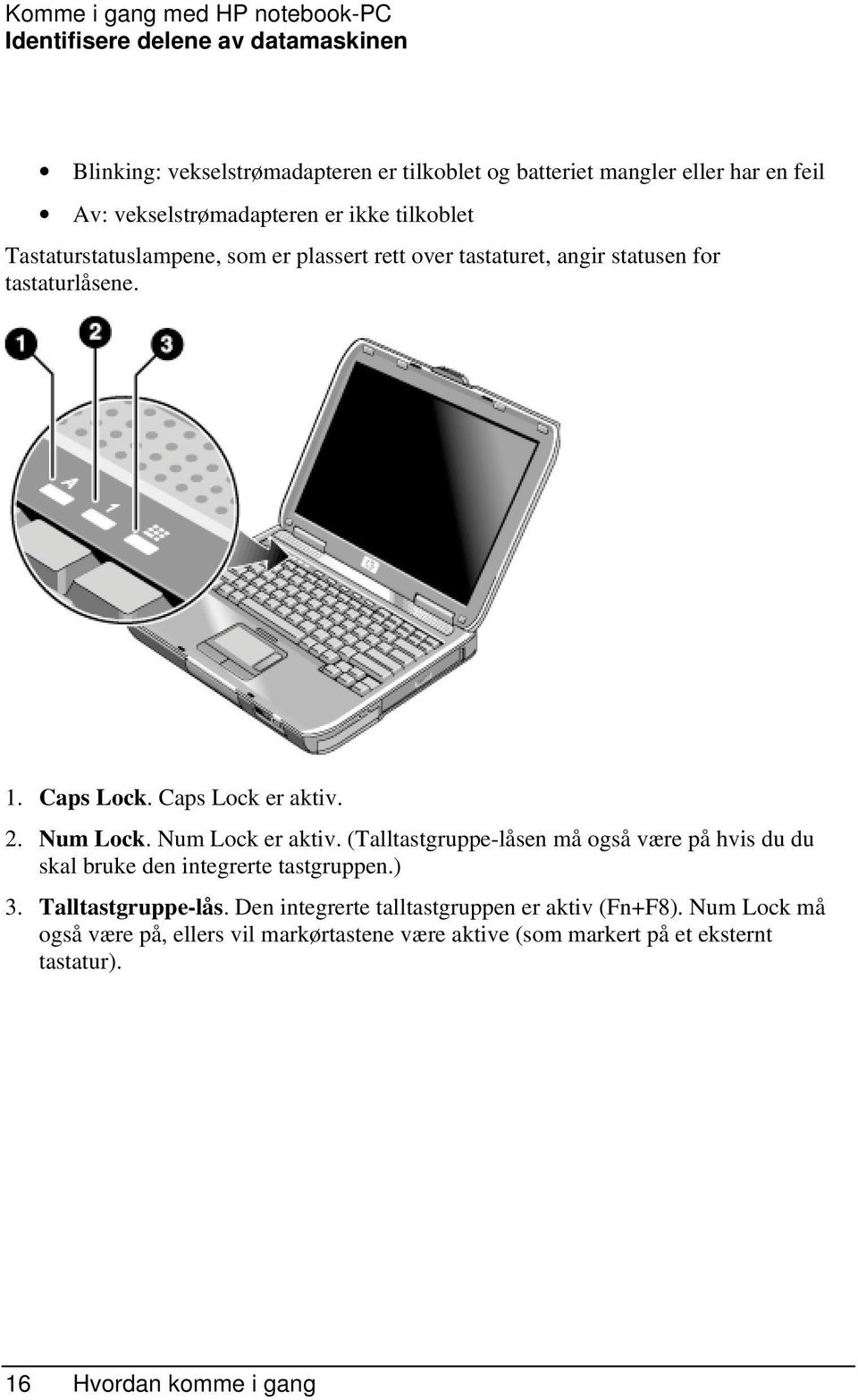 Caps Lock er aktiv. 2. Num Lock. Num Lock er aktiv. (Talltastgruppe-låsen må også være på hvis du du skal bruke den integrerte tastgruppen.) 3.